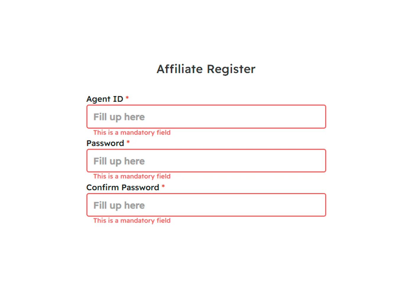 Enter data to create an affiliate account